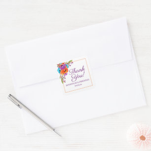 Adesivo Quadrado Casamento De Cor De Água Floral De Laranja Roxo O