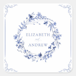 Adesivo Quadrado Casamento de Coroa Floral de Caligrafia Formal Ele
