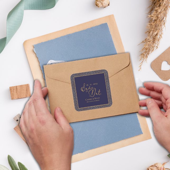 Adesivo Quadrado Casamento de Design Real Dourado do Marinho Chic S (Chic Navy Gold Royal Design Wedding Save the date Square Sticker)