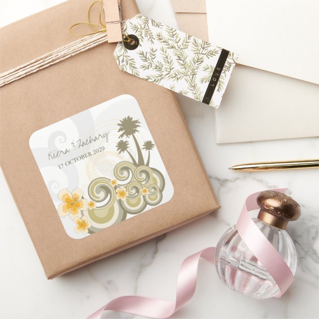 Adesivo Quadrado Casamento de Destino de Hibisco Amarelo por Ondas  (Presentear)