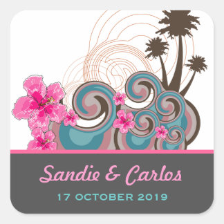 Adesivo Quadrado Casamento de Destino de Hibiscus Rosa Ondas Tropic