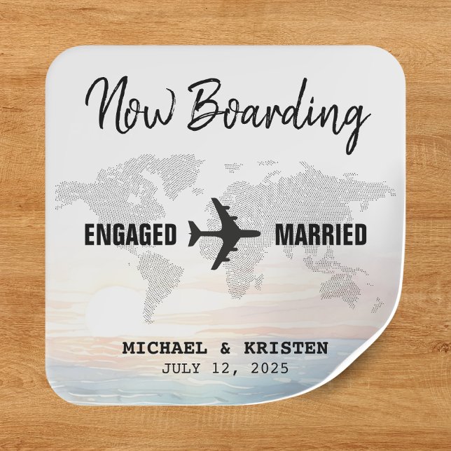 Adesivo Quadrado Casamento de Destino do Oceano Passado de Embarque (Boarding Pass Ocean Sunset Destination Wedding Square Sticker
)