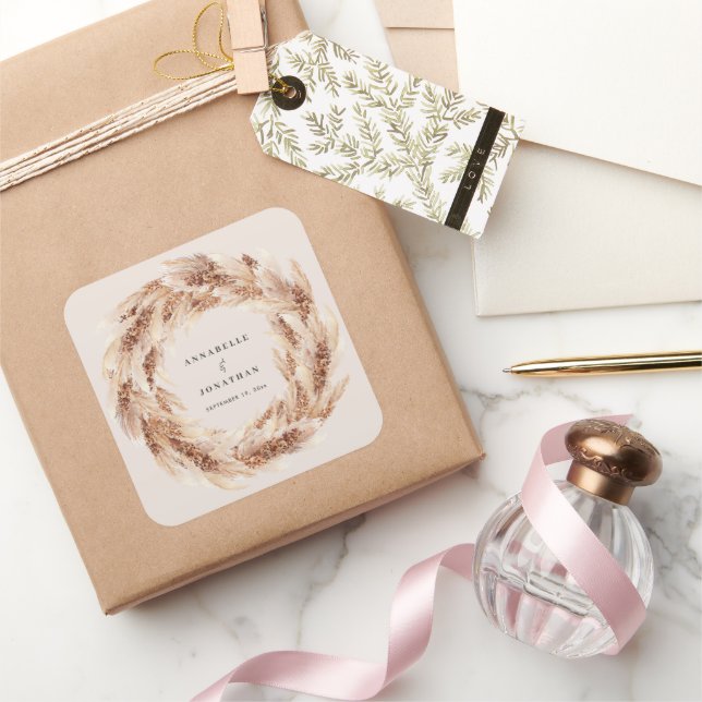 Adesivo Quadrado Casamento de erva natural da boêmia moderna (Presentear)