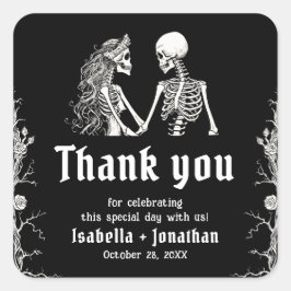 Adesivo Quadrado Casamento de Esqueleto de Halloween Gótico Preto e