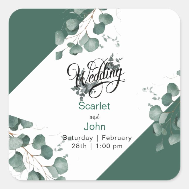 Adesivo Quadrado Casamento de eucalipto verde com cor aquosa modern (Frente)