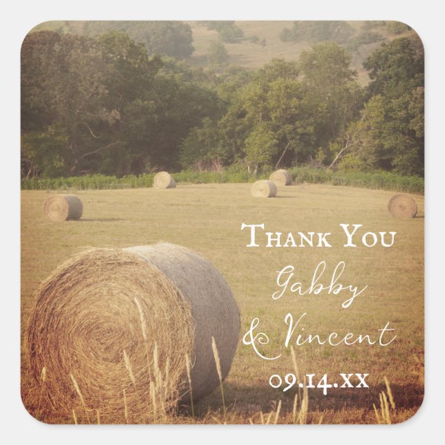 Adesivo Quadrado Casamento De Fazenda Round Hay Bales Obrigado Marc (Frente)
