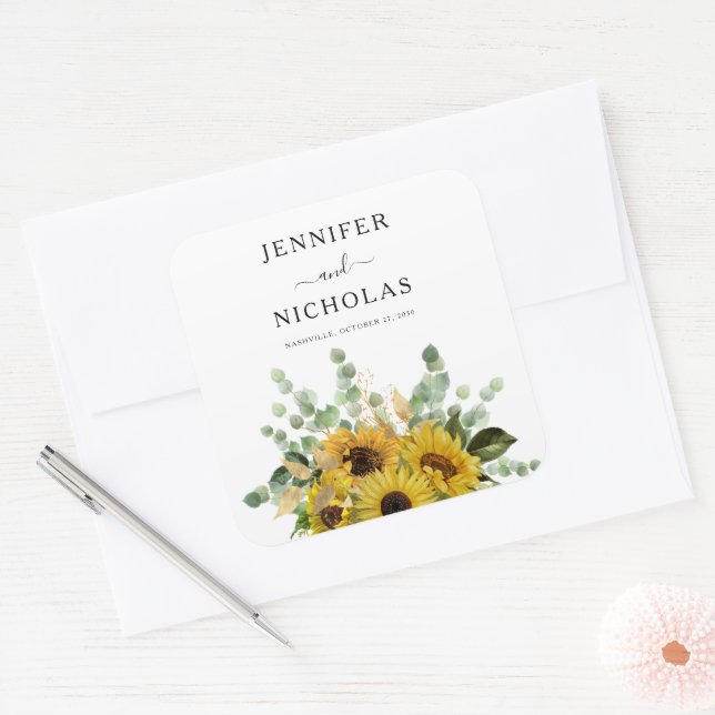 Adesivo Quadrado Casamento de Floral Sunflower Elegante (Envelope)