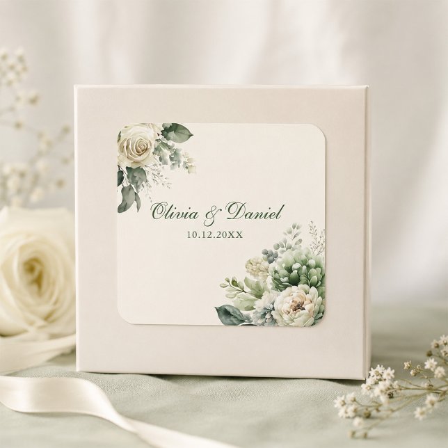 Adesivo Quadrado Casamento de Flores de Marfim e Verde Salvia (Boho Sage Green and Ivory Flowers Wedding Square Sticker )