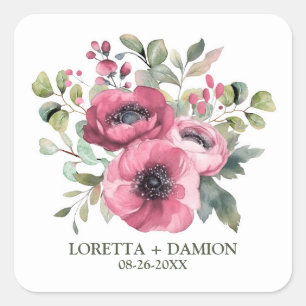 Adesivo Quadrado Casamento de Flores de Papoila Rosa