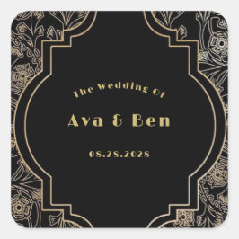 Adesivo Quadrado Casamento de Flores Preto Dourado Art Deco