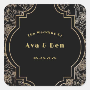 Adesivo Quadrado Casamento de Flores Preto Dourado Art Deco
