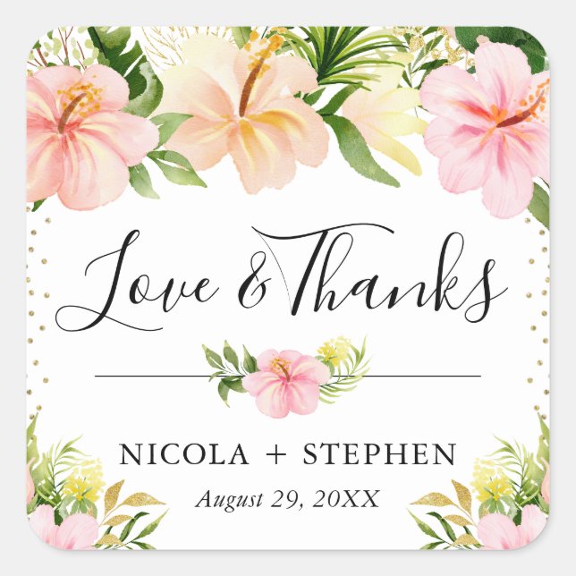 Adesivo Quadrado Casamento de Flores Tropicais de Aquarela (Frente)