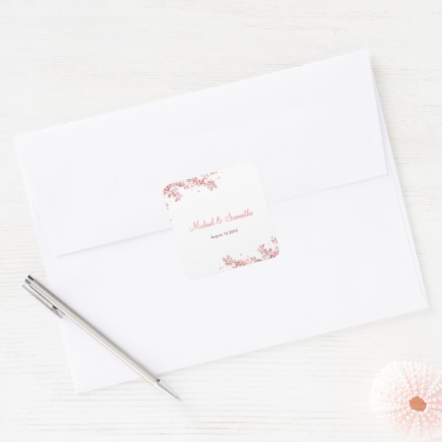 Adesivo Quadrado Casamento de Floresta de Cereja Elegante (Envelope)