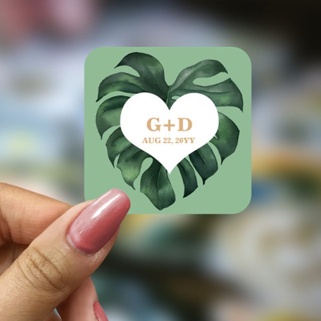 Adesivo Quadrado Casamento de Folha de Palma Tropical (Criador carregado)