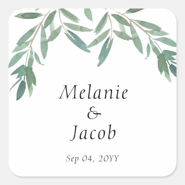 Adesivo Quadrado Casamento de Folhagem Verde Elegante (Frente)