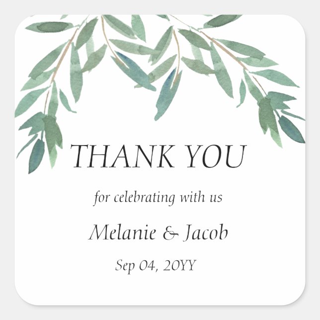 Adesivo Quadrado Casamento de Folhagem Verde Elegante (Frente)