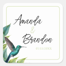Adesivo Quadrado Casamento de Folhas Tropicais Emerald Hummingbird