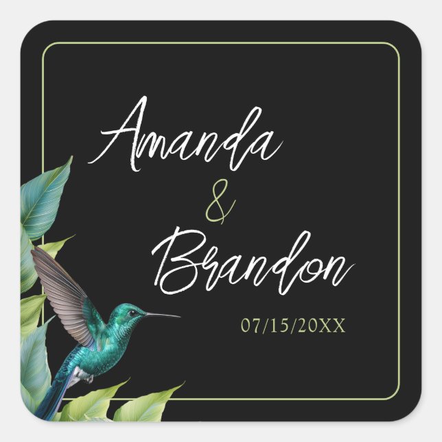 Adesivo Quadrado Casamento de Folhas Tropicais Emerald Hummingbird (Frente)