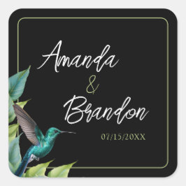 Adesivo Quadrado Casamento de Folhas Tropicais Emerald Hummingbird