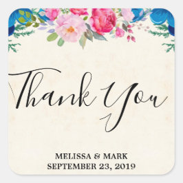 Adesivo Quadrado Casamento de Fronteira de Flor Rosa e Azul Obrigad