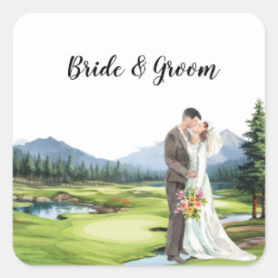 Adesivo Quadrado Casamento de Golfe com noiva e noivo 