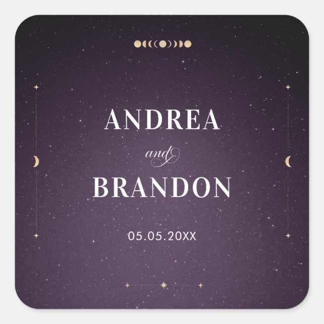 Adesivo Quadrado Casamento de Lua Mística Dourada Celestial em Galá (Frente)