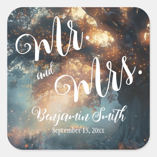 Adesivo Quadrado Casamento de Luzes de Fada de Árvore de Oak Flores (Frente)