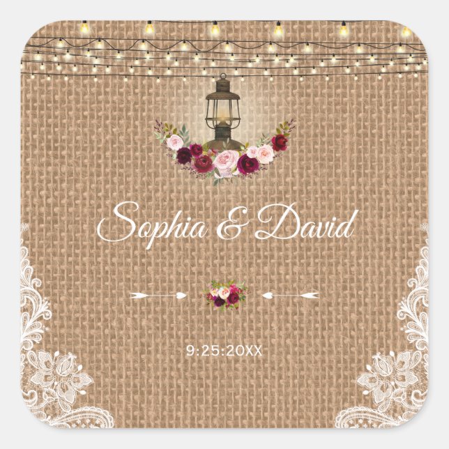 Adesivo Quadrado Casamento de Luzes de Lanterna Rustic Lace Burlap (Frente)