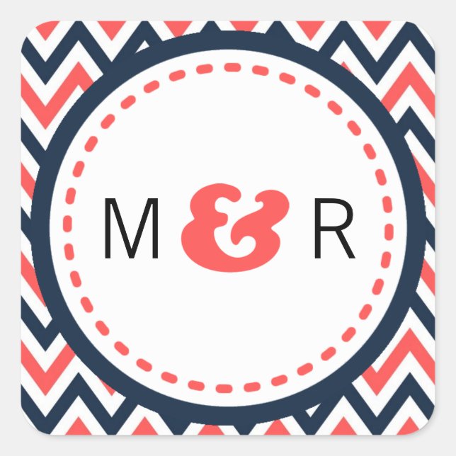 Adesivo Quadrado Casamento de Marinho e Coral Chevron & Lovebird (Frente)