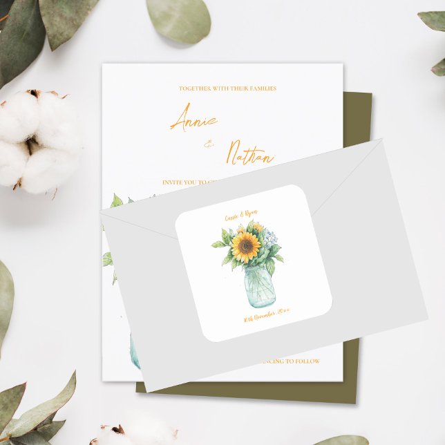 Adesivo Quadrado Casamento de Mason Jar, Rústico Rústico Rústico Te (Country Floral Rustic Sunflower Mason Jar Wedding Square Sticker)