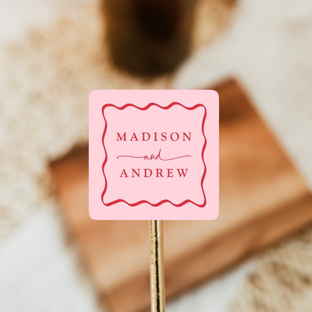 Adesivo Quadrado Casamento de Mola Vermelha e Rosa Modernos (Criador carregado)