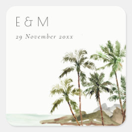 Adesivo Quadrado Casamento de Monograma da Areia de Palmeiras Tropi