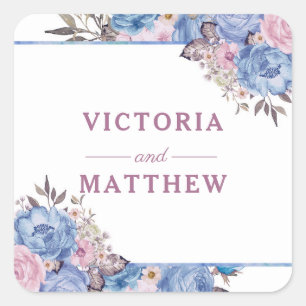 Adesivo Quadrado Casamento de Monograma Floral Azul e Rosa-Rosa-Cri