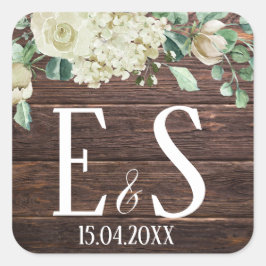 Adesivo Quadrado Casamento de monograma floral em madeira rústica l