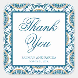Adesivo Quadrado Casamento de Mosaico Persa Azul Elegante Obrigado