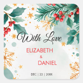 Adesivo Quadrado Casamento de Natal em Aquarela com Azevinho