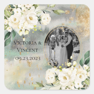 Adesivo Quadrado Casamento de Nomes de Fotos de Creme Botânico Dou