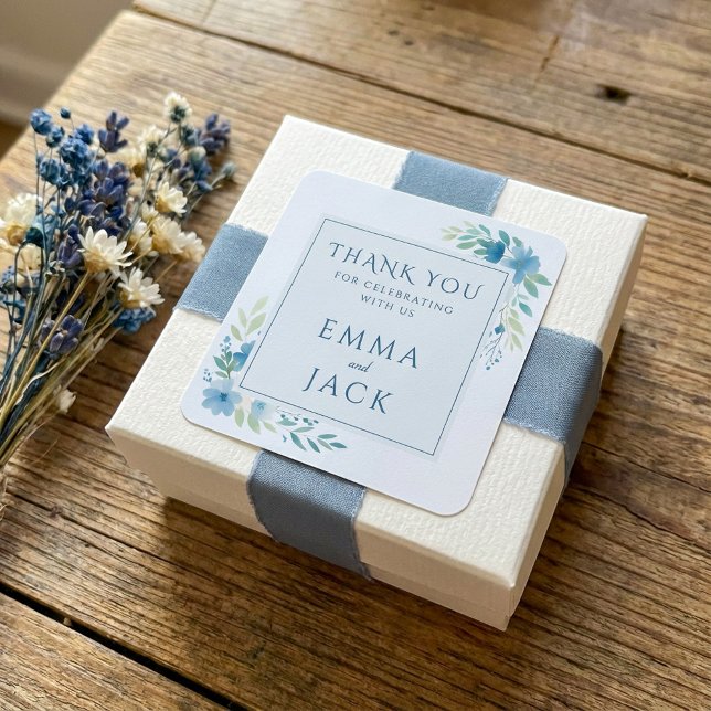 Adesivo Quadrado Casamento de nomes verdes azuis elegantes (Elegant blue greenery names wedding square sticker.)