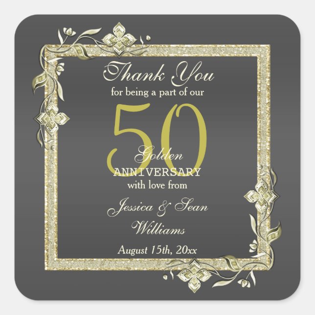 Adesivo Quadrado Casamento de Ouros Dourado Gem & Glitter 50th (Frente)