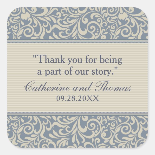 Adesivo Quadrado Casamento de Padrão Azul e bege Elegante (Frente)