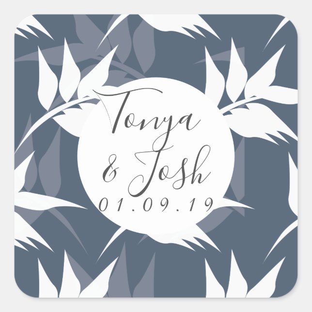 Adesivo Quadrado Casamento de Padrão Branco de Folha Botânica Elega (Frente)
