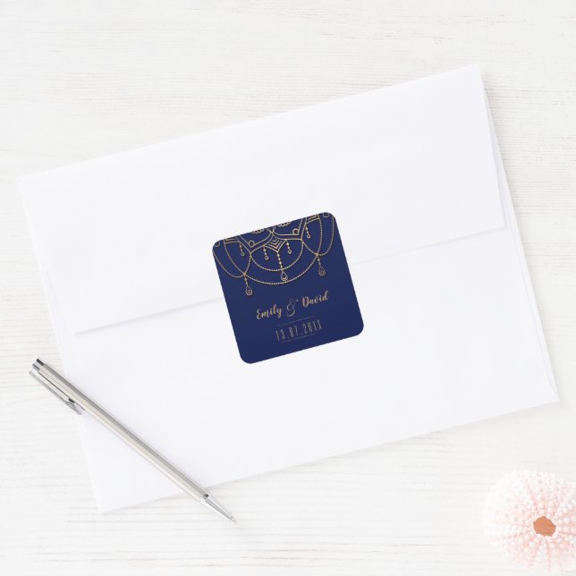 Adesivo Quadrado Casamento de Padrão de Design de Azul Dourado Elét (Envelope)