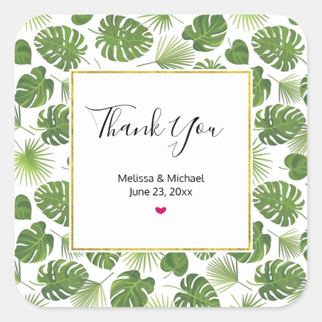 Adesivo Quadrado Casamento de Padrão de Folhas Tropicais na moda Ve (Frente)