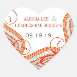 Adesivo Quadrado Casamento de Paisley com Casal Amarelo Laranja Aqu