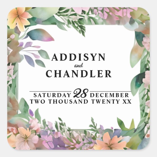 Adesivo Quadrado Casamento de Pastel Watercolor (Frente)