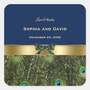 Adesivo Quadrado Casamento de Penas Azuis de Pavão Azul-Marinho Ele