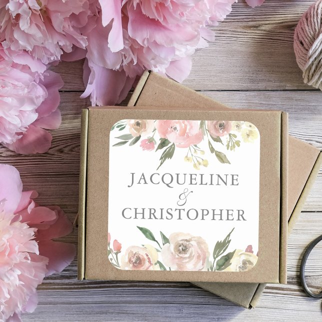 Adesivo Quadrado Casamento de Peônias Florais de Ivory, Blush Pink (Criador carregado)