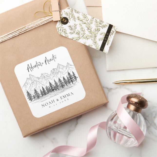 Adesivo Quadrado Casamento de Pinheiros Rustic Mountain Sketch Wood (Presentear)