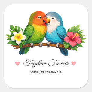 Adesivo Quadrado Casamento de Pombinhos Tropicais Juntos para Sempr