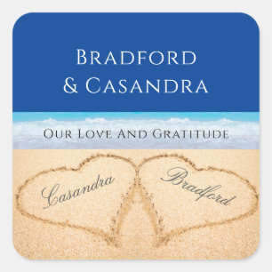 Adesivo Quadrado Casamento de Praia Azul Escura 2 Corações na Areia